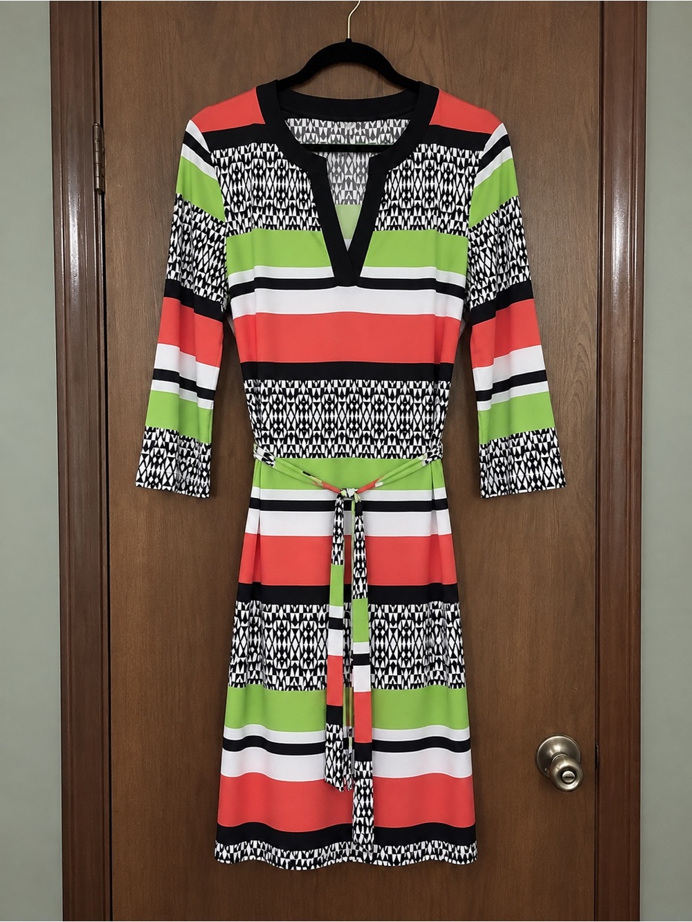 Emma & Michele Striped Tie-Waist Dress in Orange, White,Green & Blac